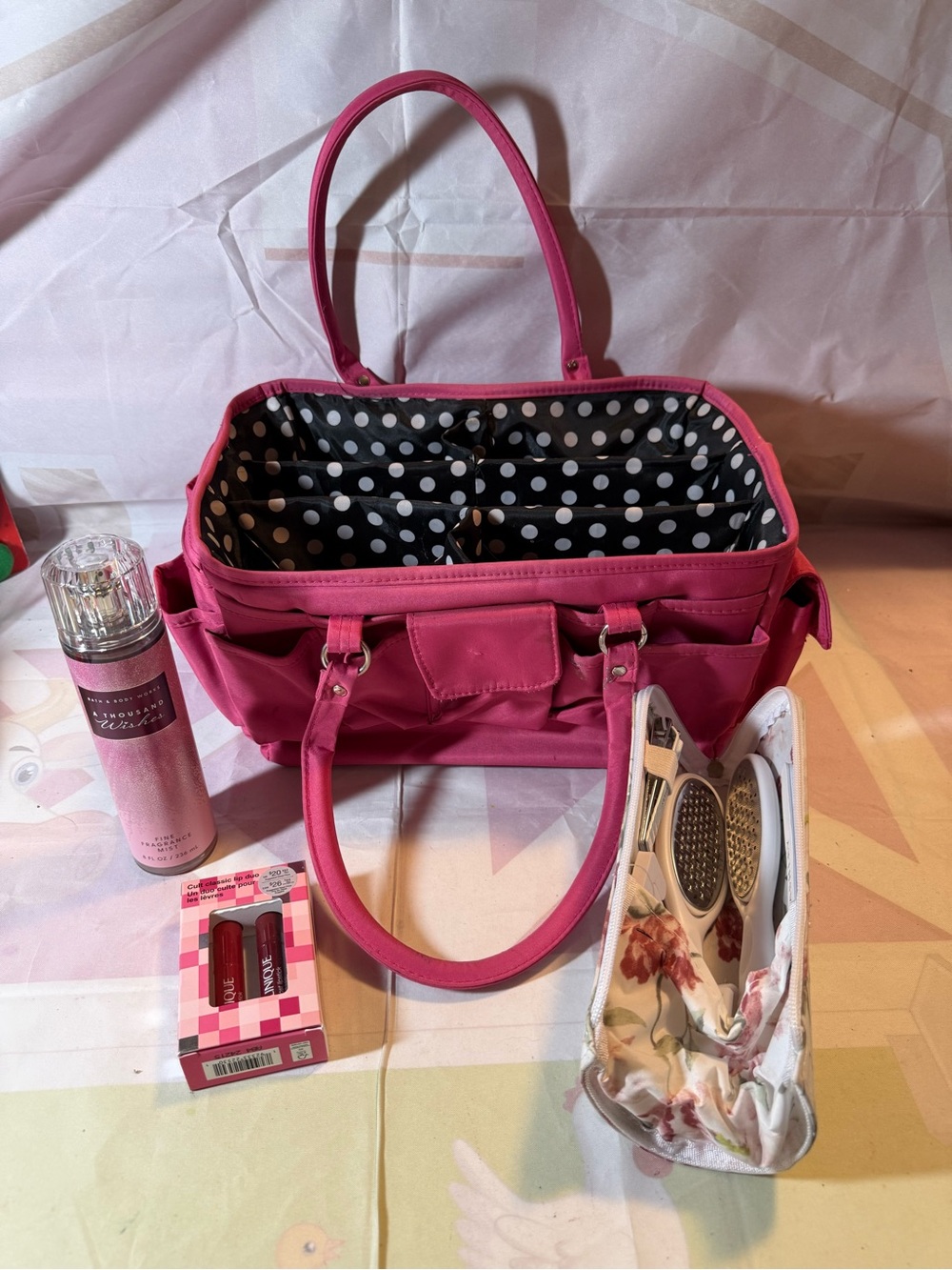Pink Organizer Tote Bag w/ Clinique, Laura Ashley, Bath & Body Works
